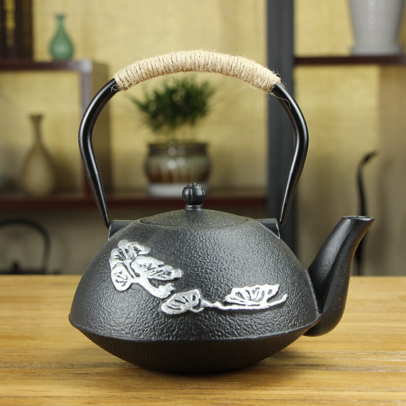 Gjutjärnskruka japansk ren handgjord järnkruka föredrar ögonbrynsspets järntekanna obestruken järnkruka clearance blomma svart 1.2l: D