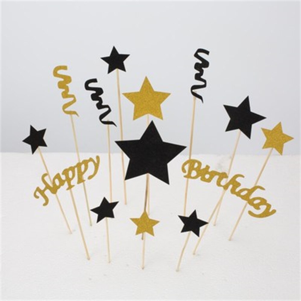 1 Set Happy Birthday Cake Toppers Black Gold Stars DIY Cake Flag Wedding Birthday Party Cake Decoration plug-in toppers: mix