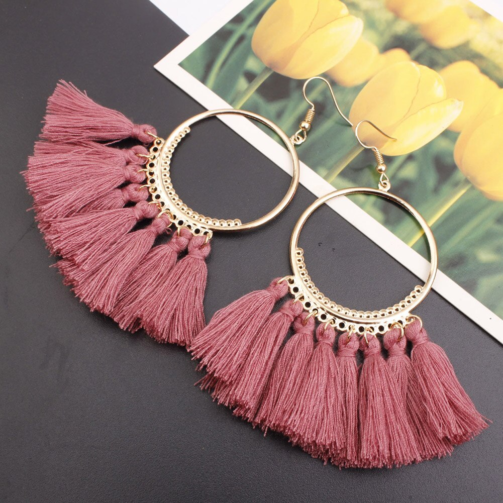 Vintage dynda spadek Tassel kolczyki dla kobiet kobieta moda oświadczenie etniczne artystyczne Boho duże kolczyki biżuteria akcesoria: Dark Pink