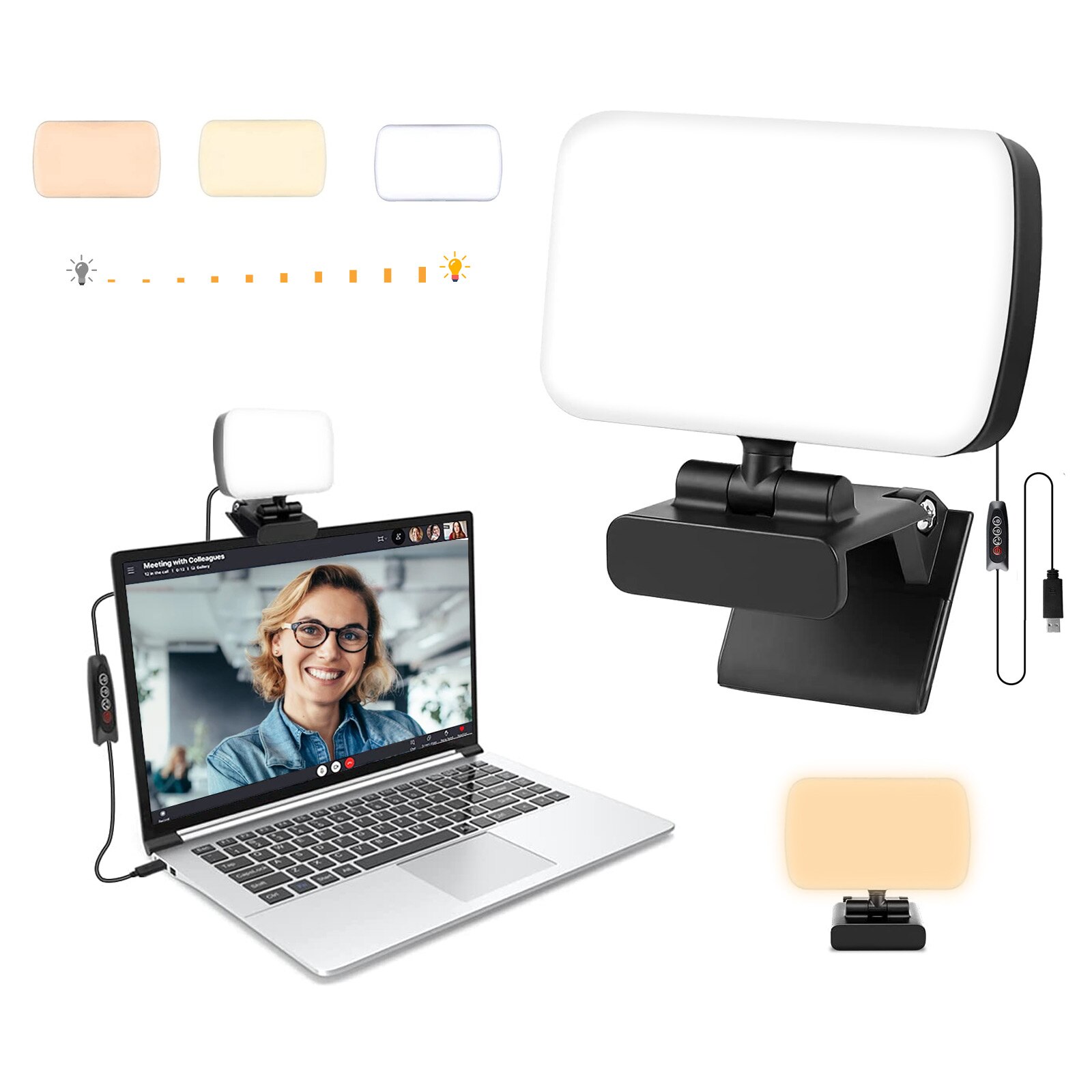 Kit di illuminazione per videoconferenza, luce a Clip per Laptop/Computer con 10 livelli di luminosità e 3 colori dimmerabili, luce per Webcam per Zoo