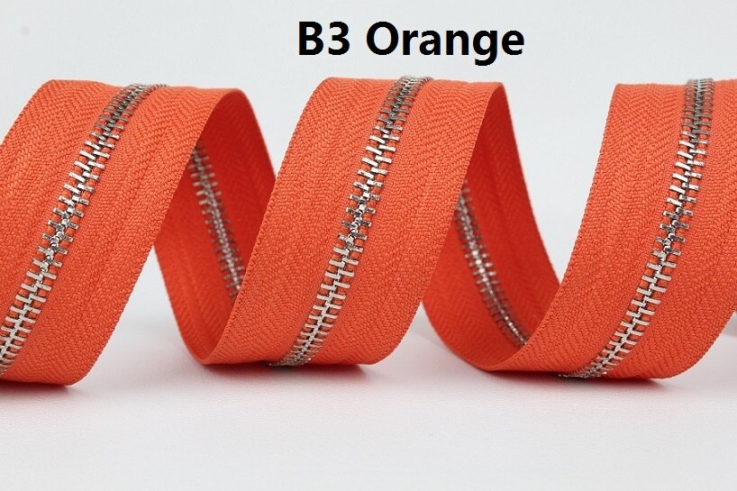 5#  zilveren metalen ritsen, enkele open einde, geelgoud, oranje, roze, fuchsia, paars, metalen rits, rol, 10 meter, veel: B3 sinaasappels