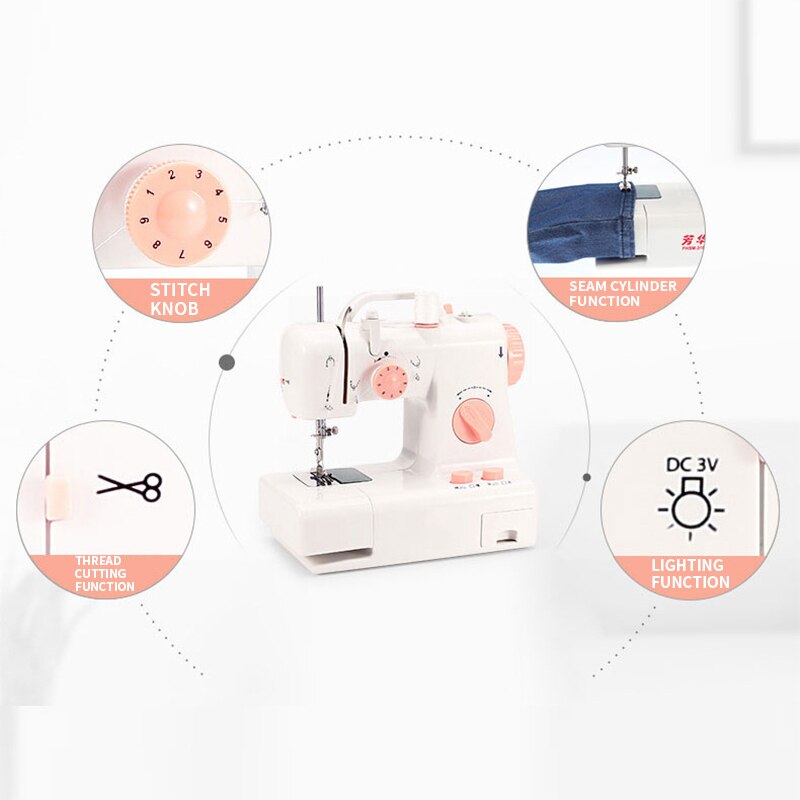 318 mini home sewing machine with double speed and double thread with sewing lamp cutter and back sewing