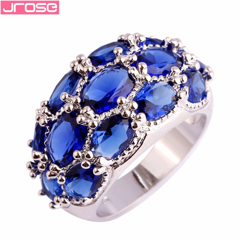 JROSE Wedding Band Denerous Blue & White CZ Silver Color Ring Size 6 7 8 9 10 11 12 13 Gorgeous Jewelry