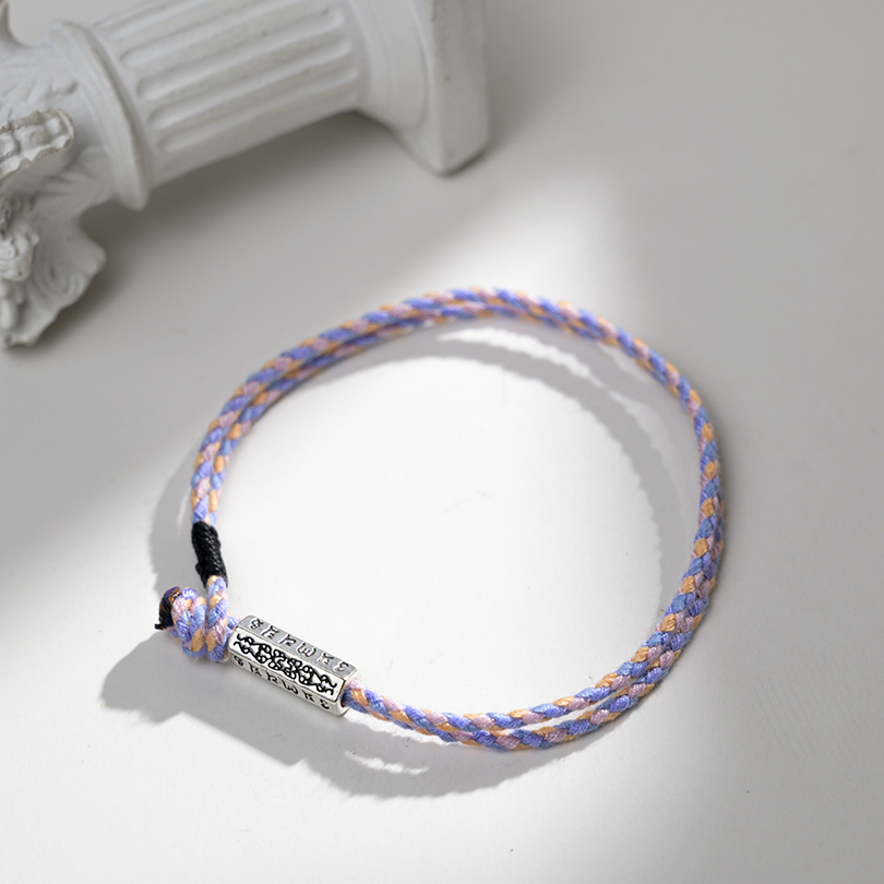 Handmade Tibetan Buddhist Braided Cotton Thread Lucky Knots Bracelets Silver Bead Carved Mantra Amulet Woven Bracelet For Men: 5 / 22cm