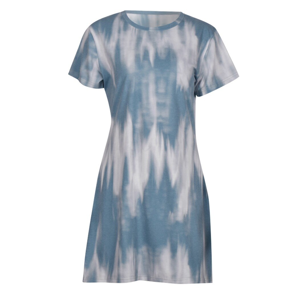 Gradiënt Afdrukken Losse Korte Jurk Thuis Kleding Vrouwen Korte Mouwen Lichtblauw Tie-Dye Jurk Mini Tennis Jurk