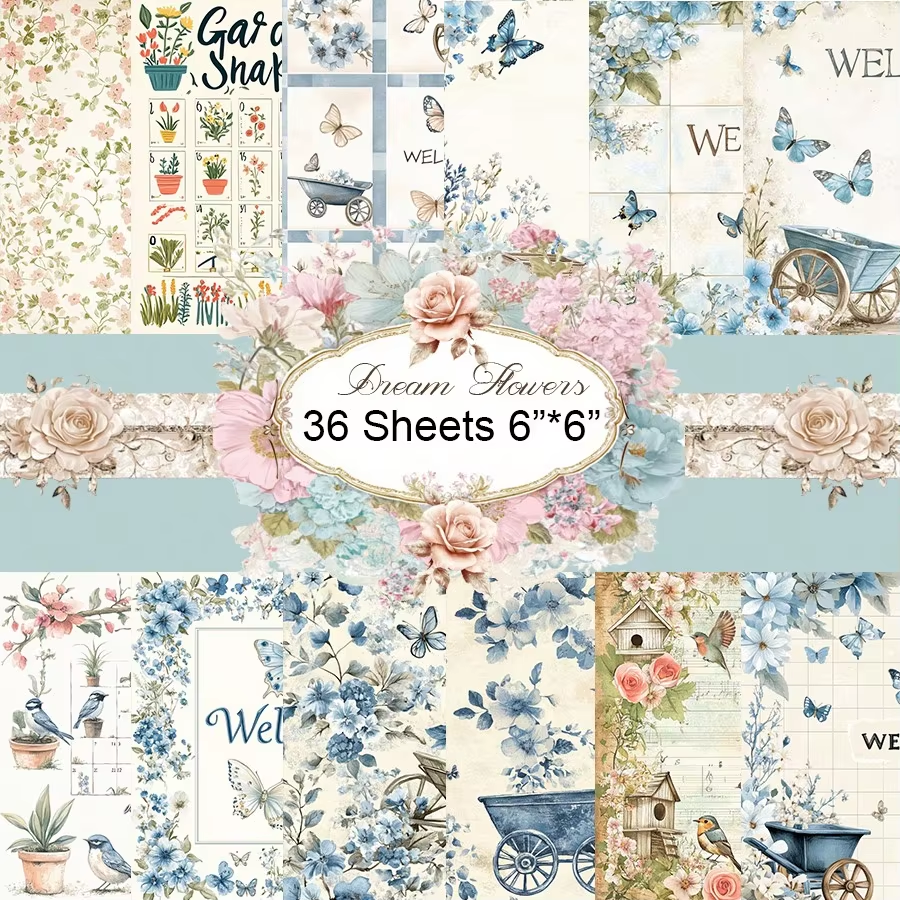 36 Sheets Starry Sky Scrapbook Paper Pack, Stationery Vintage Art Craft Pattern Scrapbooking Paper For Junk Journal Planner Card: Blue