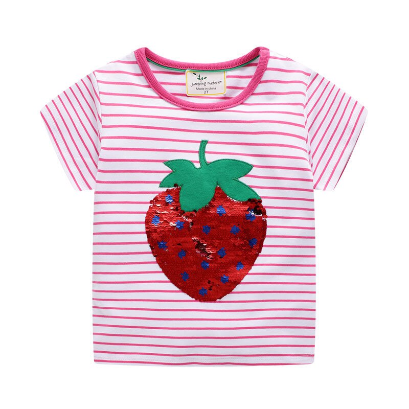 Jumping meter mærke t-shirts toppe til baby piger tøj dyr applikation stribe børns t-shirts piger t-shirt til sommer