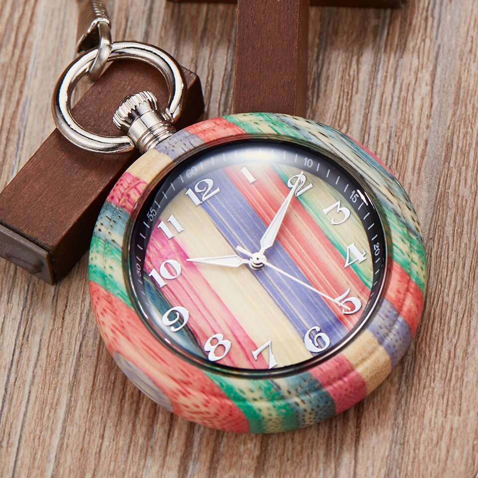 Natuurlijke Hout Zakhorloge Mannen Vrouwen Creatieve Houten Quartz Horloges Fob Ketting Hangers Kleurrijke Klok Reloj De Bolsillo