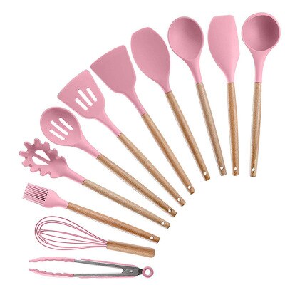 Silicone ustensiles de cuisine ensemble cuisson pelle cuillère outil cuisson ustensiles de cuisine Gadgets de cuisine spatule cuillère ustensiles de cuisine outils de cuisine: 11pcs pink