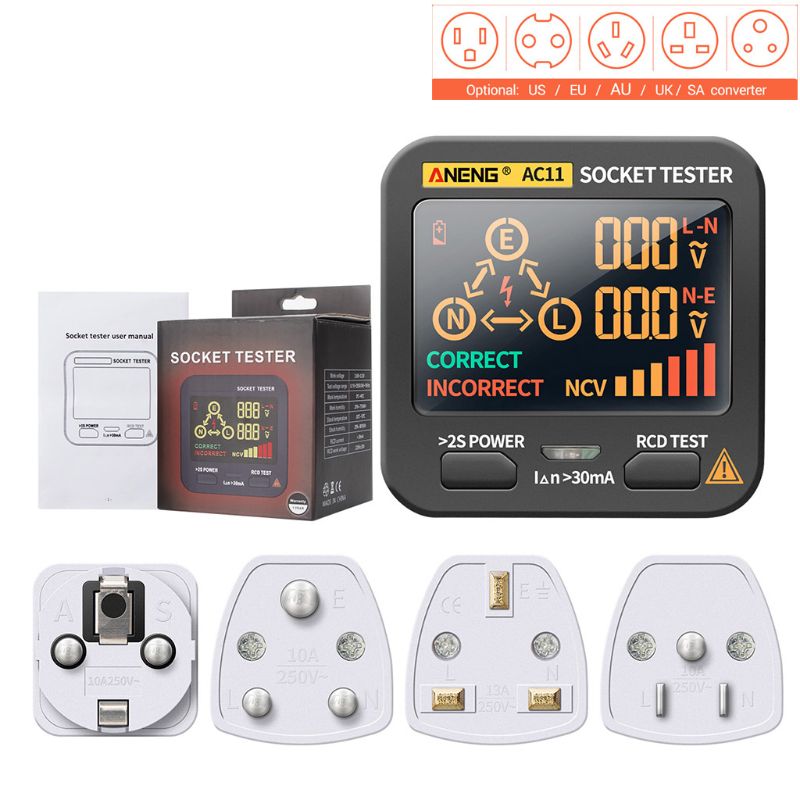 Digital Smart Socket Tester RCD Line Phase Check Detector US/UK/EU/AU/SA Plug