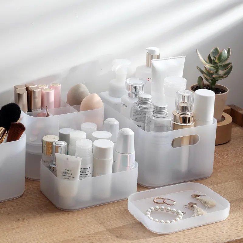 Caja de maquillaje con compartimentos de plástico transparente mate, almacenamiento de objetos, escritorio, organizador de cosméticos