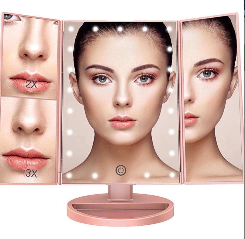 Espejo LED para maquillaje, espejo plegable con luz, 2 veces 3 veces más grande, espejo de relleno, espejo dorado rosa