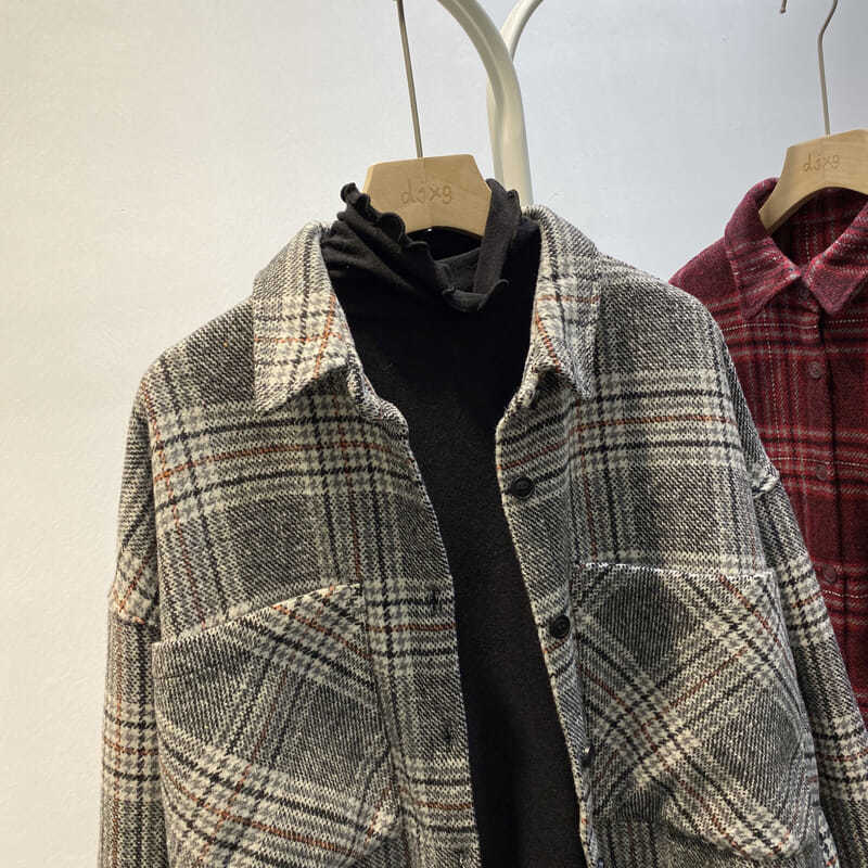 E-baihui streetwear løs rutete skjorte jakke dame casual høst kvinner kåpe kvinne skjorte knapper lommer tweed korte kåper