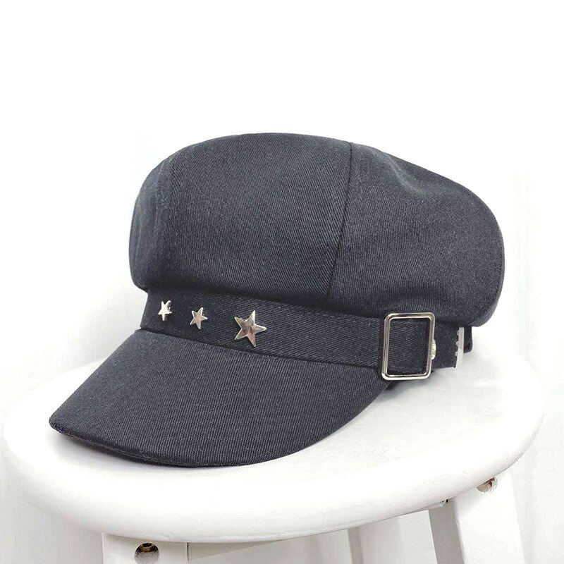 Gorro de otoño invierno boina para mujer Newsboy sombrero con remaches estrella de algodón octogonal sombrero femenino negro blanco coreano Gorras: black