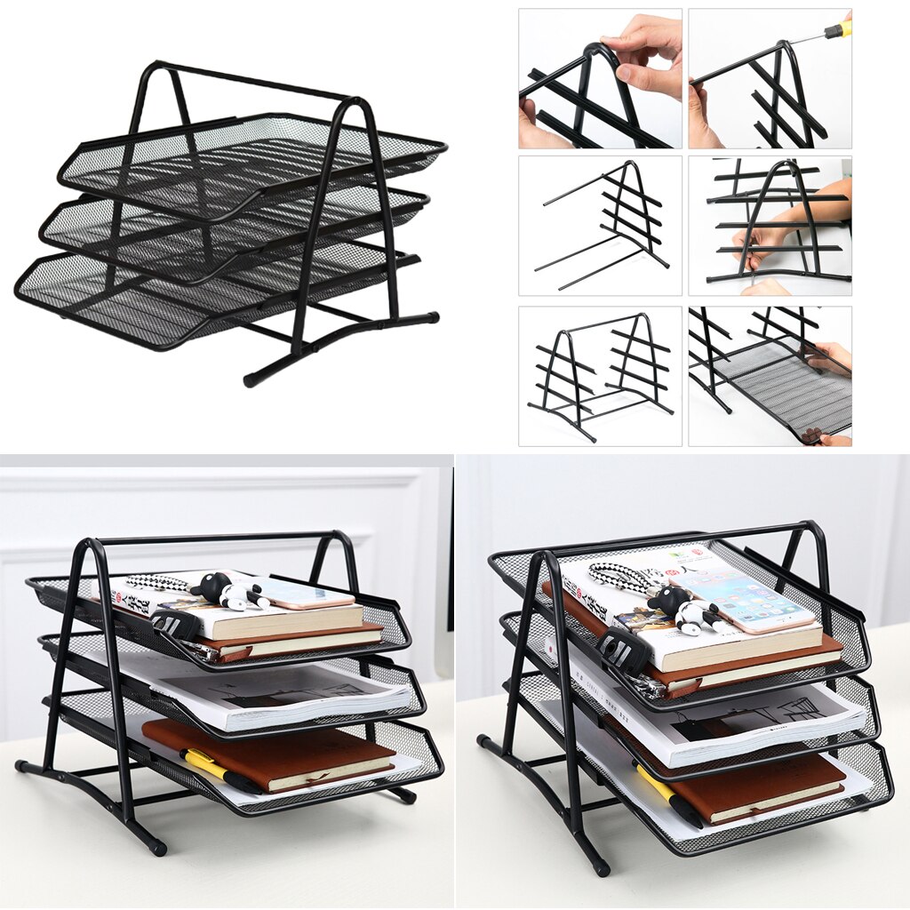 3-Tier Mesh Letter Tray Office Filing Tray Holder Stackable Document Letter Tray