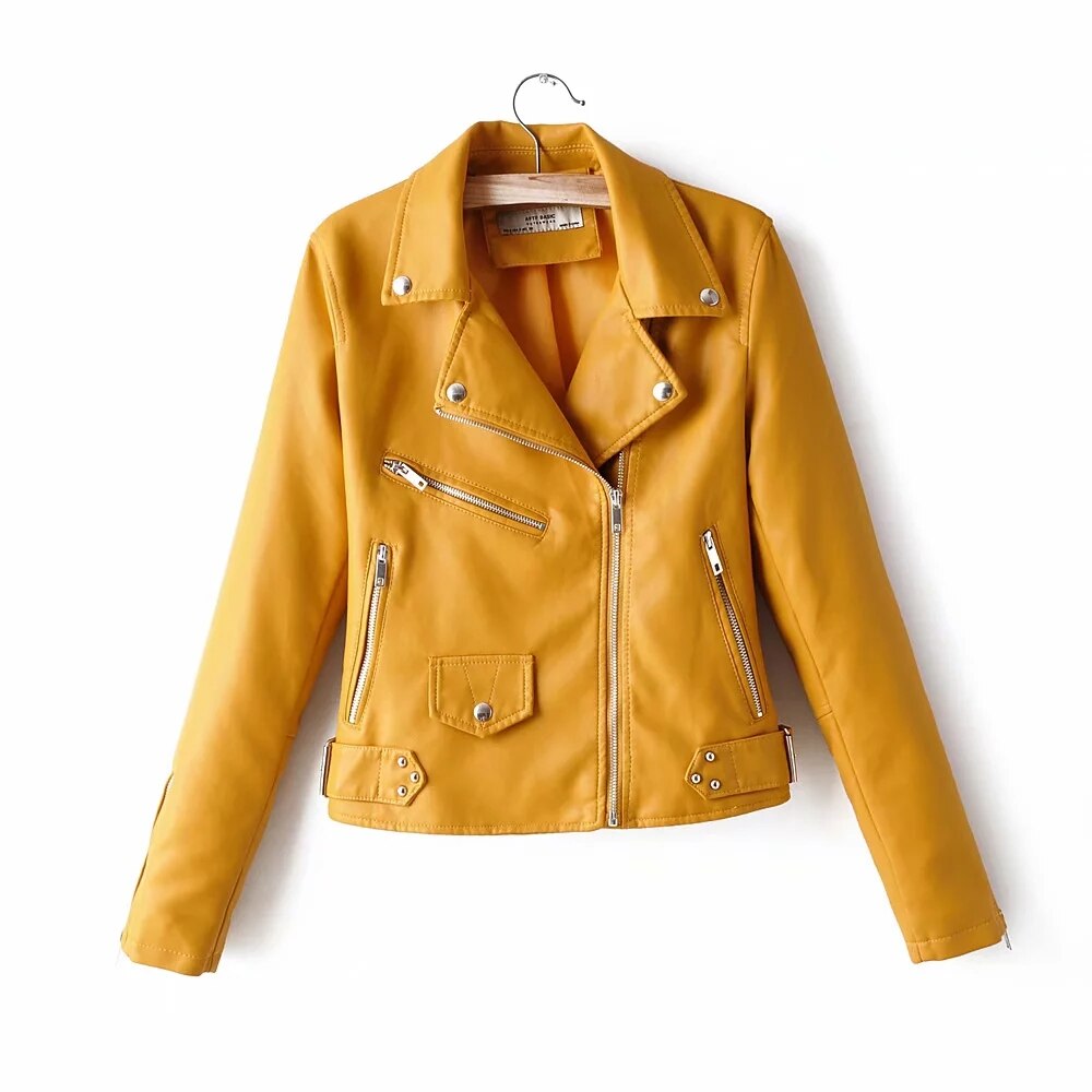 Chaqueta de cuero roja y amarilla para mujer, cazadora motera de PU con cremallera de manga larga, ropa de calle, abrigo de piel sintética negra para motocicleta,