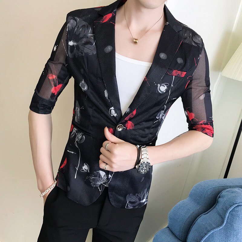 Men Blazer Thin Summer Print Hollow Suit Jacket Single Button Half Sleeve Male Nightclub Slim Fit Party Blazers