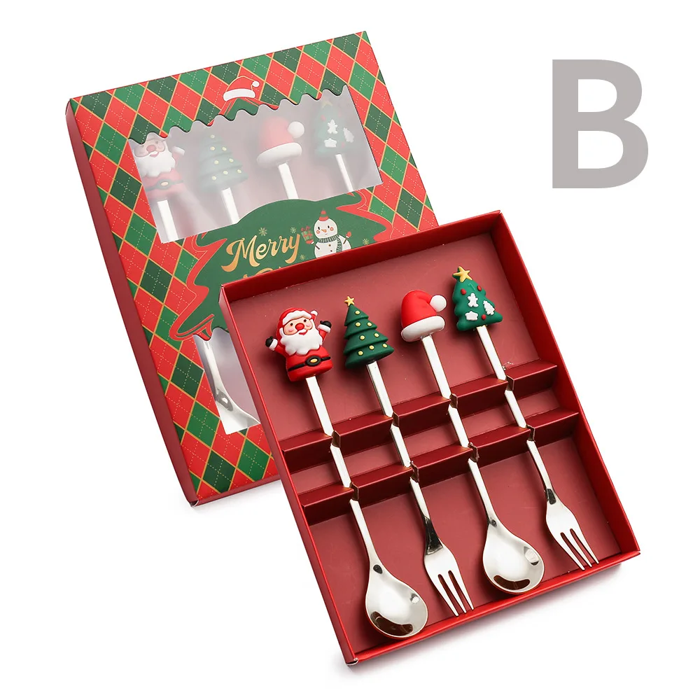 4 stks/set Kerstcadeau Goud Zilveren Lepel Vork Set Elanden Kerstboom Decoratie Dessert Scoop Fruit Vork Koffielepel Bestek: Geel