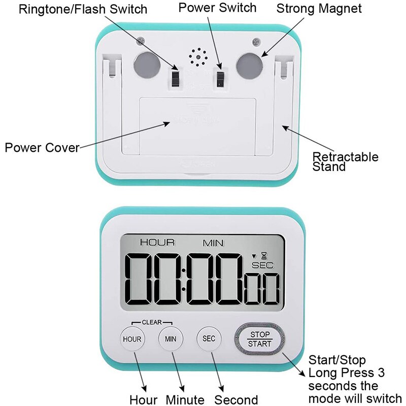 Digital Kitchen Timer Loud Alarm Clock, LCD Sn Silent/Beeping Multi-Function for Teachers Kids, Sky Blue