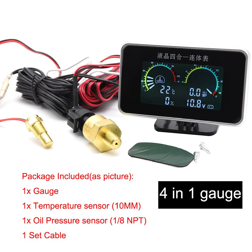 4w1 lcd cyfrowy miernik ciśnienie oleju czujnik pomiarowy 1/8 npt napięcie paliwa termometr robić wody miernik M10 czujniki temperatury 10mm 12V 24V: 4 in 1 gauge