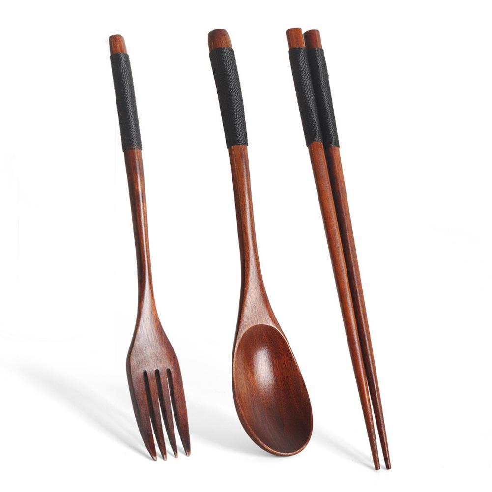 Ensemble de vaisselle en bois coréen, couleur en bois, cuillère en bois, baguettes de couple, longue cuillère en bois, fourchette baguettes h D3Z3 3 pièces