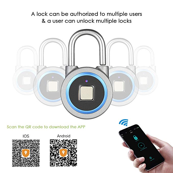 Fingerprint Padlock Bluetooth Keyless Biometric Lock Waterproof USB Charge Lock for Android IOS System