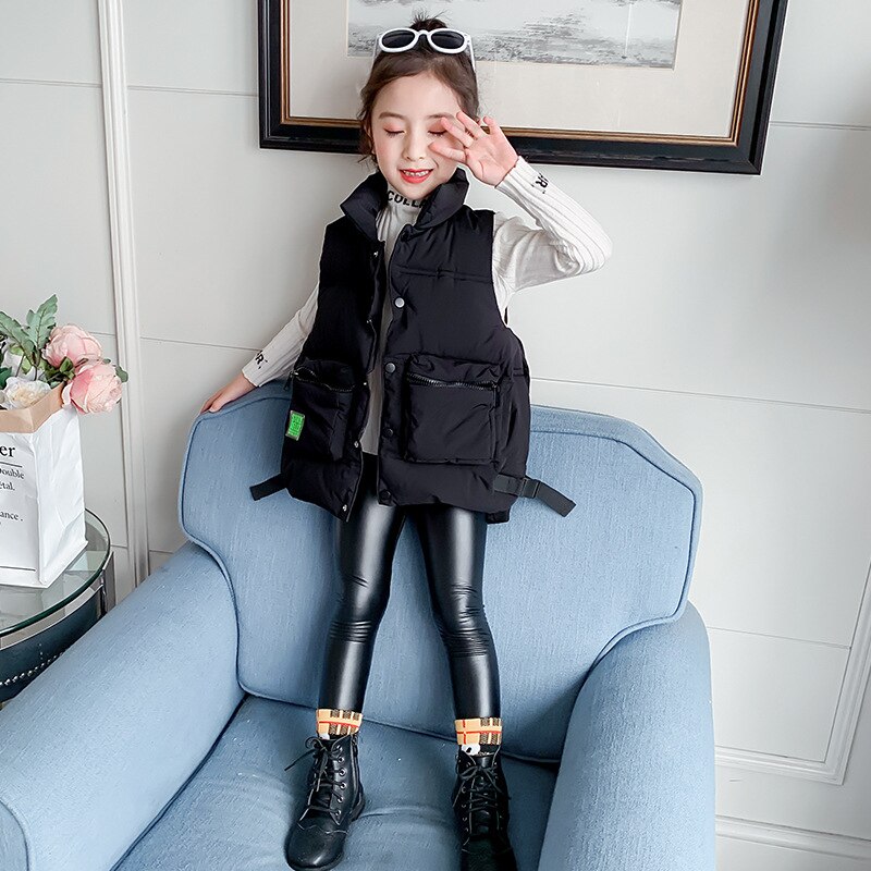 Chaqueta tipo chaleco para niñas, abrigo grueso con bolsillos grandes, chaleco acolchado de algodón informal para niños, cálido, sin mangas, chaquetas, ropa de 4 a 12 años: Negro / 4T