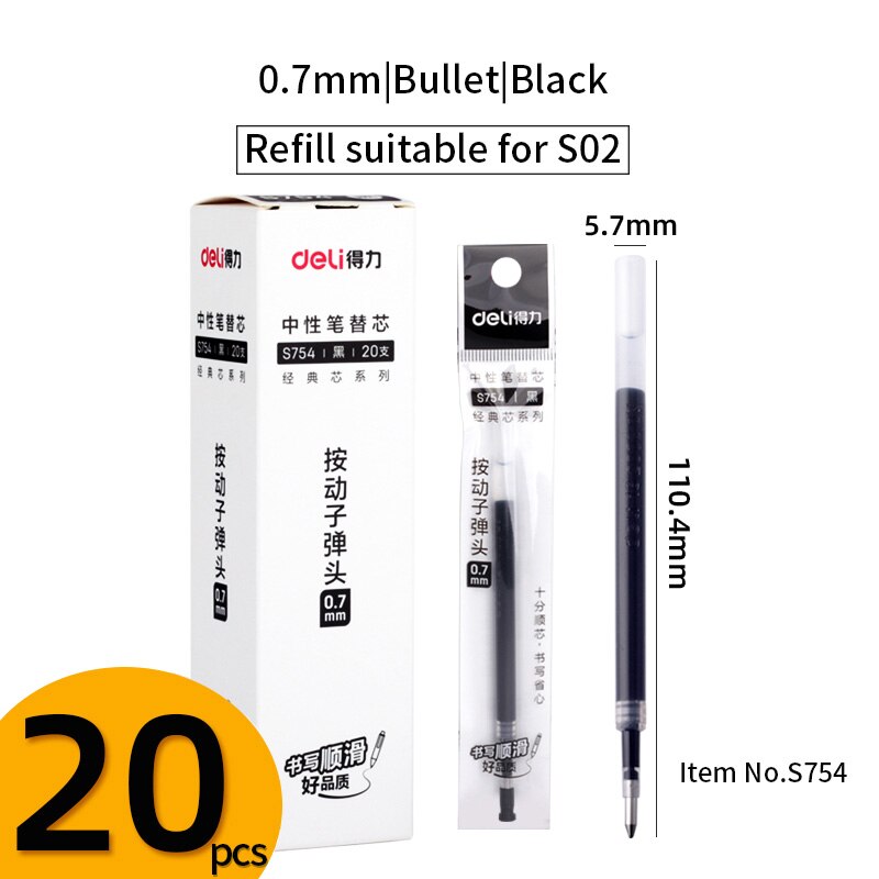 Deli Druk De Neutrale Refill 0.5Mm/0.7Mm Lente Hoofd Refill Deli S01 Refill S02 Refill Deli S782/S754: 0.7mm black 20pcs