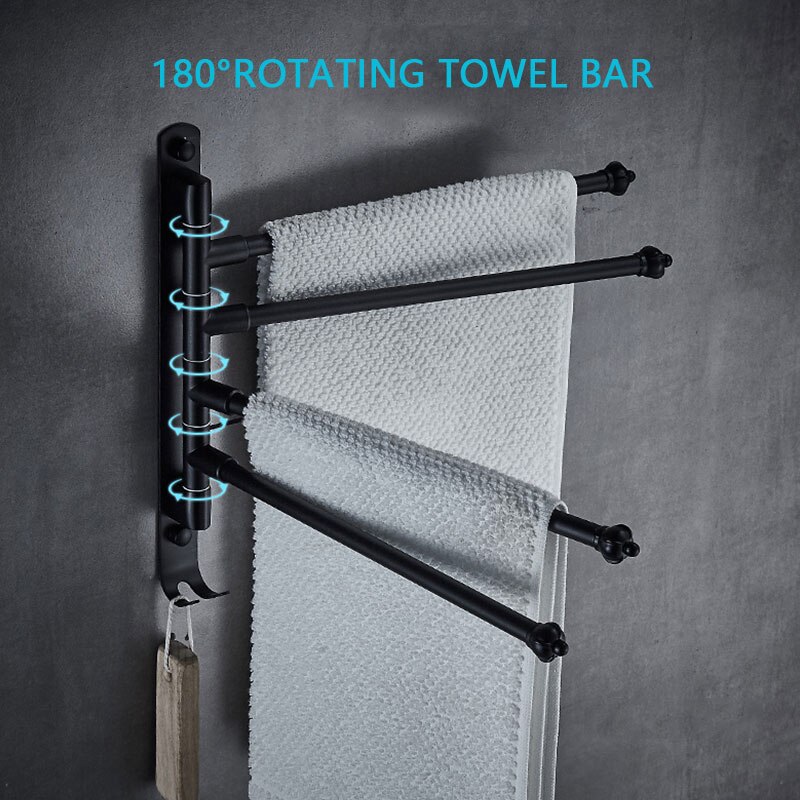 Badeværelse drejelig håndklædestang 4- arm rustfrit stål svingbøjle håndklædeholder med krog pladsbesparende vægmonteret roterende håndklædetørrer