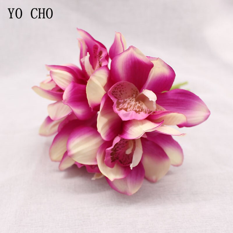 YO CHO Nep Orchidee Bloem DIY Bruidsmeisje Boeket Bruiloft Bloem 6 Heads Orchidee Boeket Bloemstuk Groen Thuis Party Decor: purple