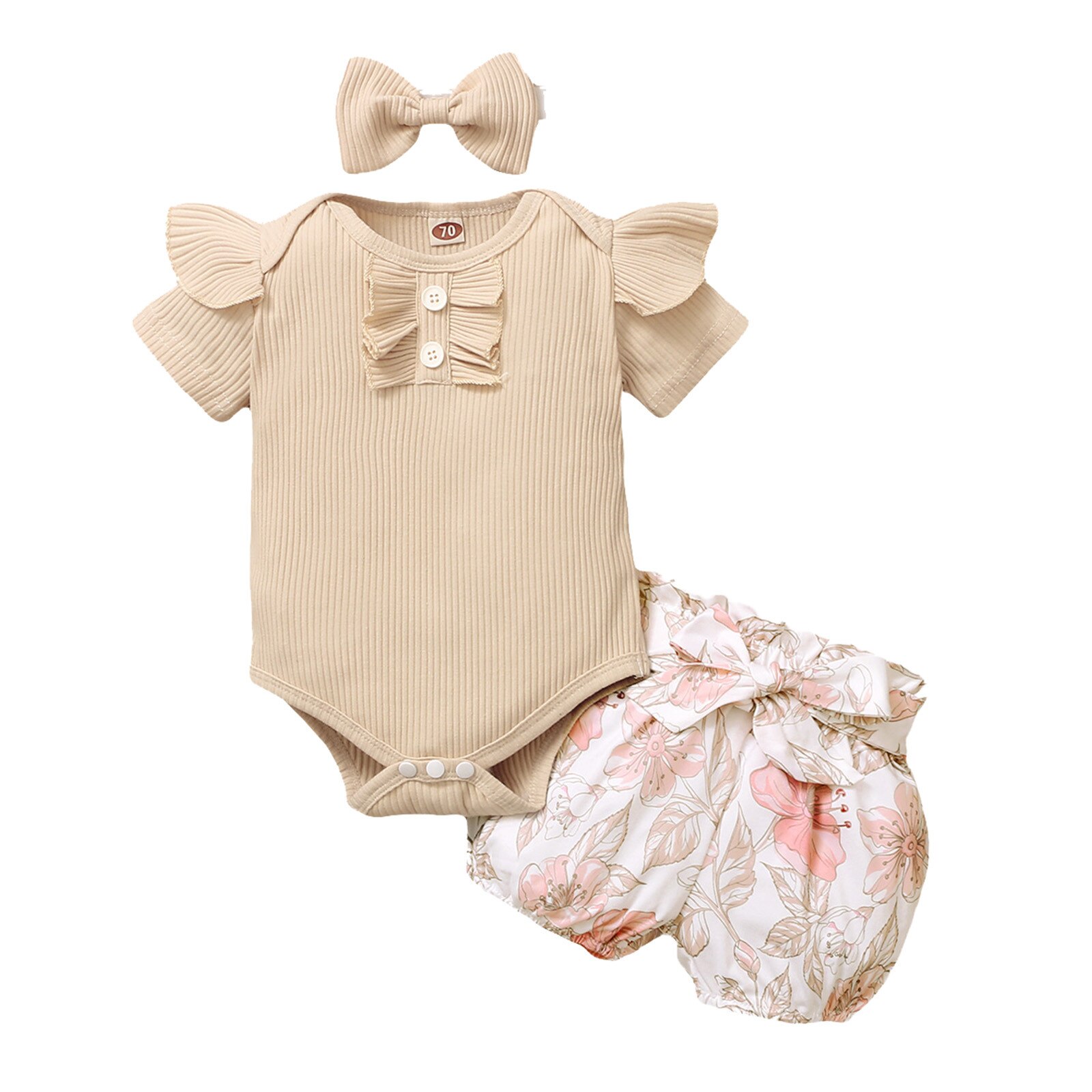 Girl Outfits Toddler Baby Girls Clothes Summer Solid Short Sleeve Ruffle Romper Bodysuit+Floral Print Shorts Headbands Outfits: Khaki / 90