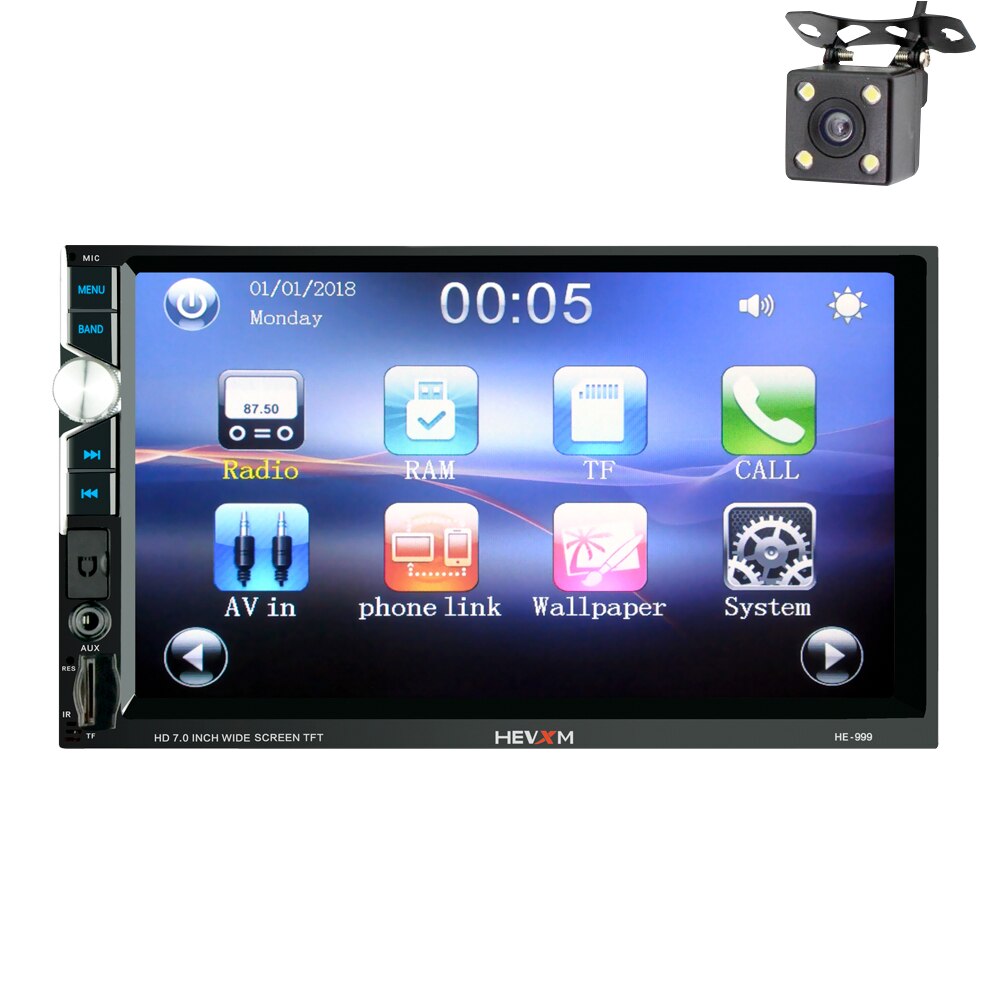 Car Radio HD 7" Touch Screen Stereo Bluetooth 12V 2 Din FM ISO Power Aux Input Auto MP5 Player SD USB with rear view camera