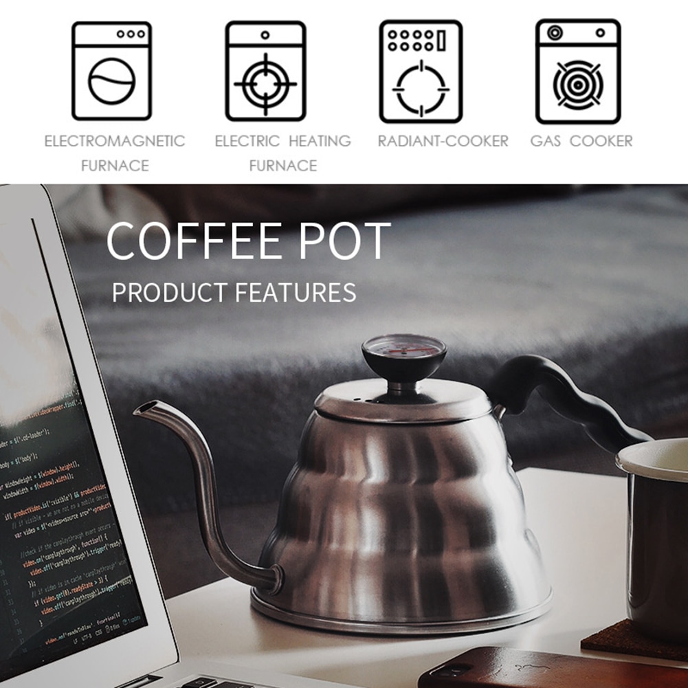 1.2L Coffee Tea Kettle Stainless Steel Coffee Pot With Thermometer Gooseneck Thin Spout for Pour Over Kettle For Kitchen Offcie