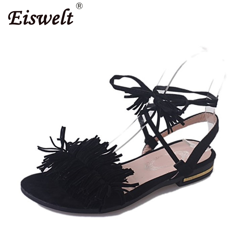 EISWELT Fringe Female Ankle Strap Rome Casual Sandals Women Flats Summer Tassel Shoes Ladies Wedding Women Sandals: Black / 6.5
