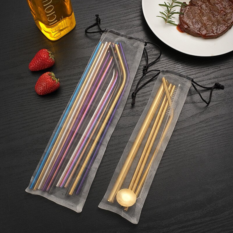 5pcs Reusable Metal Drinking Straws 304 Stainless Steel Sturdy Bent Straight Drinks Straw for Milkshake Bubble Tea with Brush