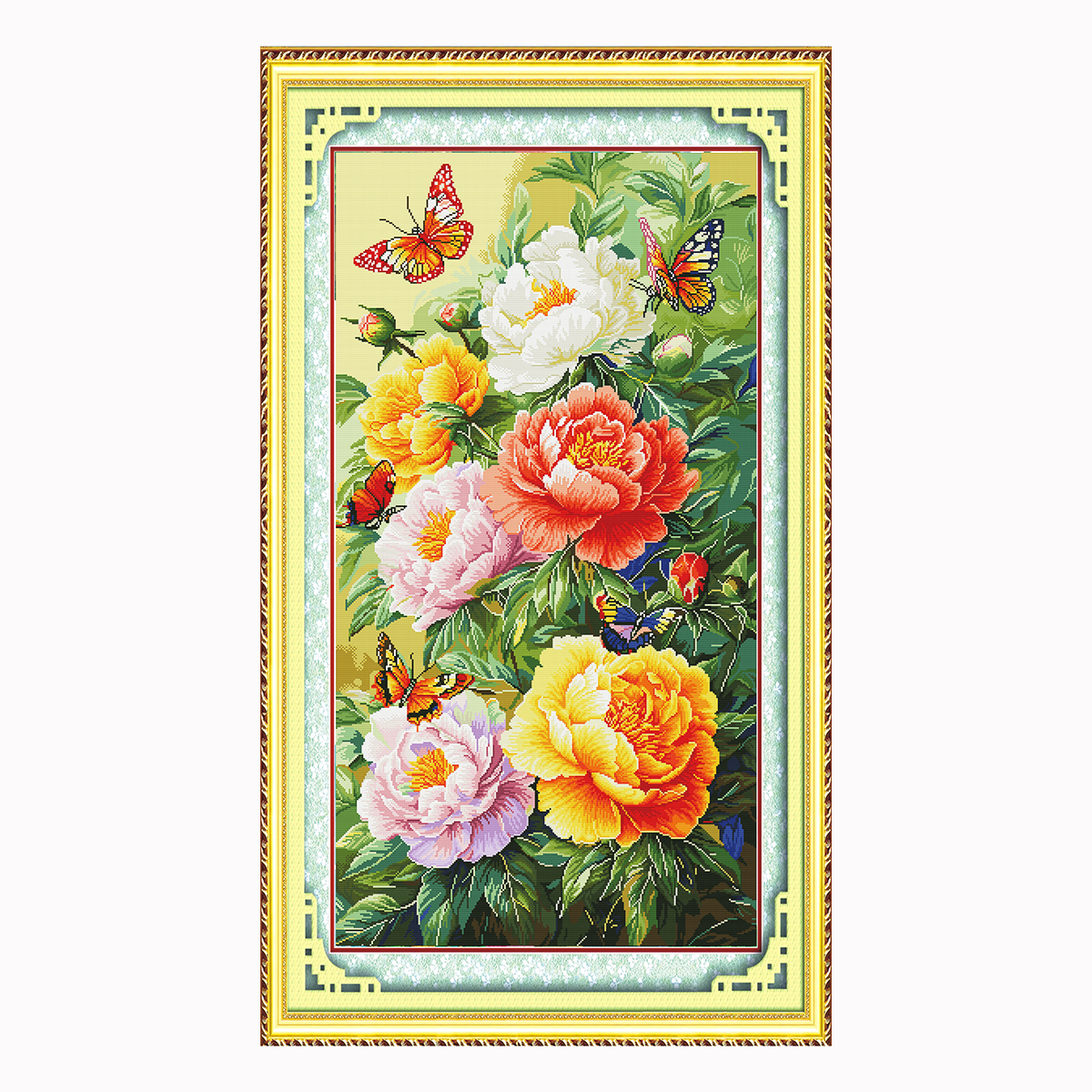 Un kit de punto de cruz con un patrón de peonía floreciente, decoración del hogar de estilo vertical, bordado impreso DIY, mariposa y hermoso paisaje floral, adecuado para entusiastas hechos a mano, kit de material de bordado