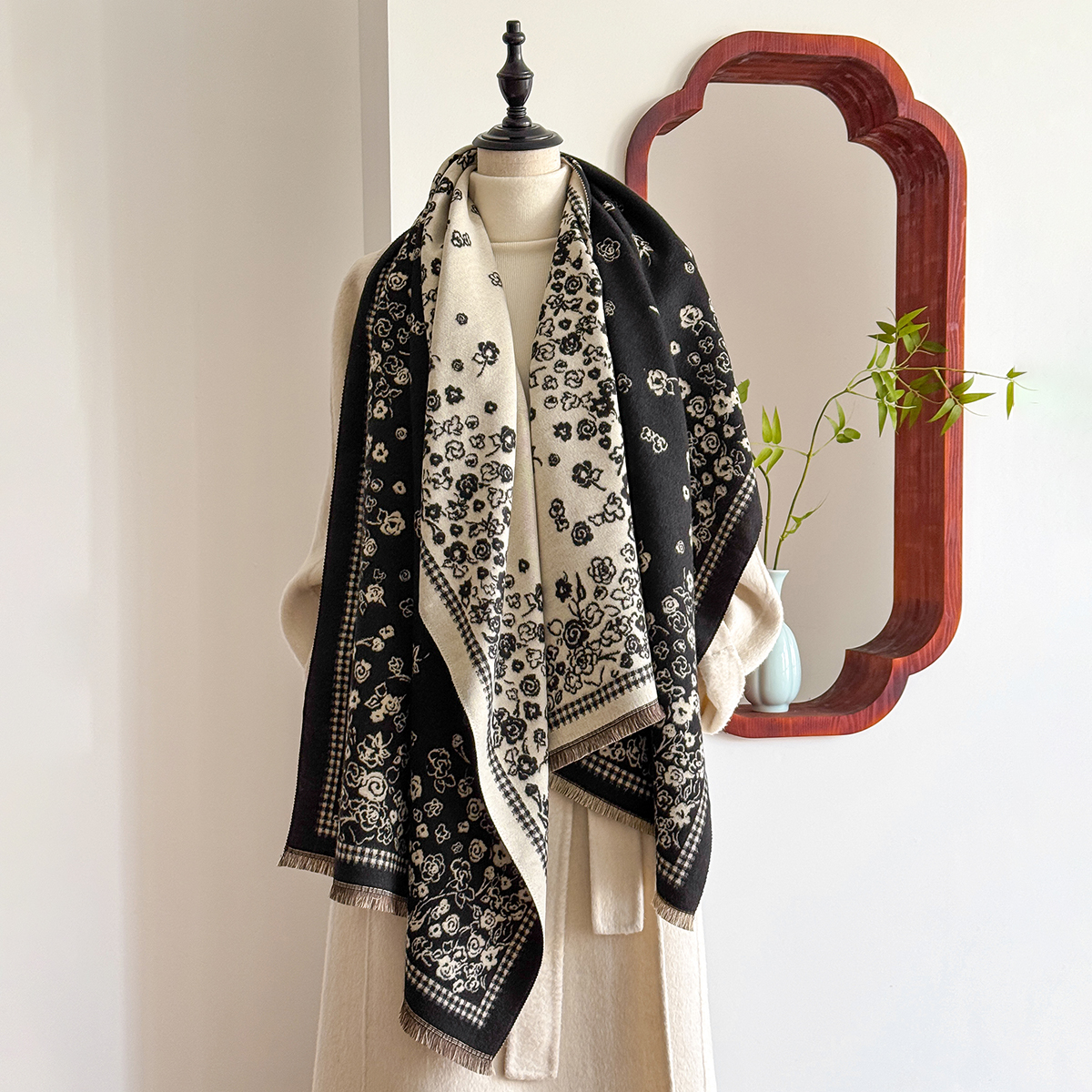 Bufanda manta de invierno de de de lujo, chales para mujer, Pashmina cálida con estampado de lunares y encaje, envoltura grande nueva: Negro