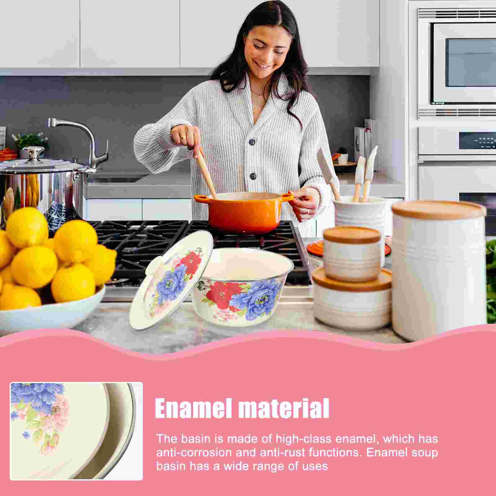 Multi-purpose Enamel Basin Retro Style Basin with Lid Kitchen Egg Mixing Bowl