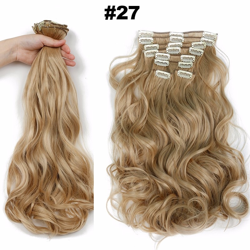 Feibin Clip en extensiones de cabello, peluca de pelo largo sintético ondulado 22 pulgadas 55cm, resistente al calor