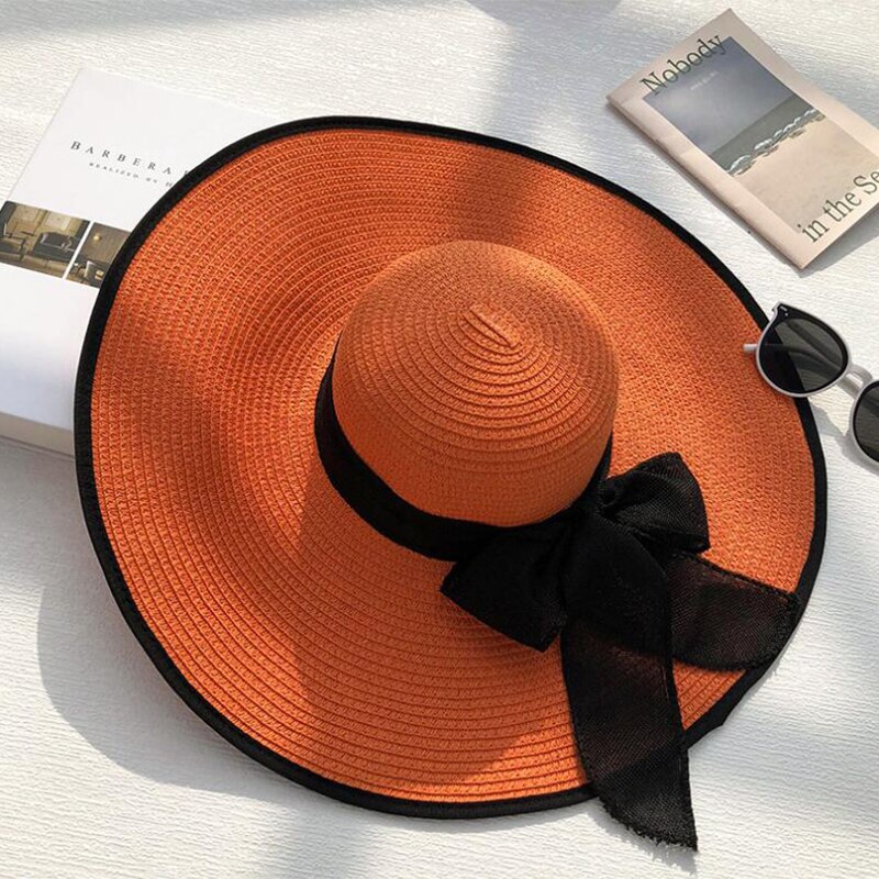 Zomer Panama Hoed Grote Rand Strooien Hoed Floppy Wide Brim Zon Hoeden Strik Strand Opvouwbare Hoeden Caps Voor Vrouwen Chapeu feminino: Orange