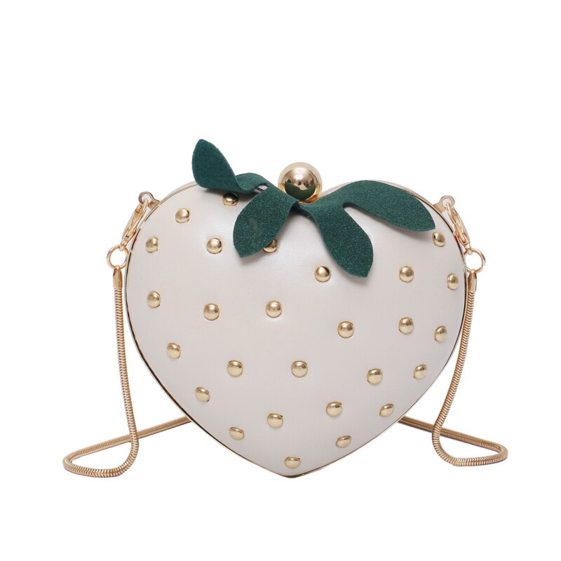 Sac à main en forme de fraise pour femmes, petit sac à bandoulière avec chaîne en métal, porte-monnaie cloutée: Beige