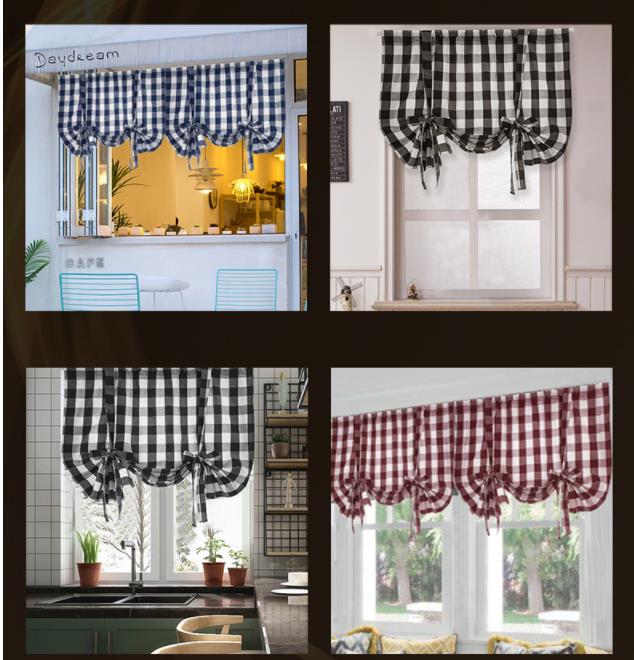 Plaid print kort vindue gardin med hul, justerbare romerske persienner mørklægningsgardiner til stue, køkken