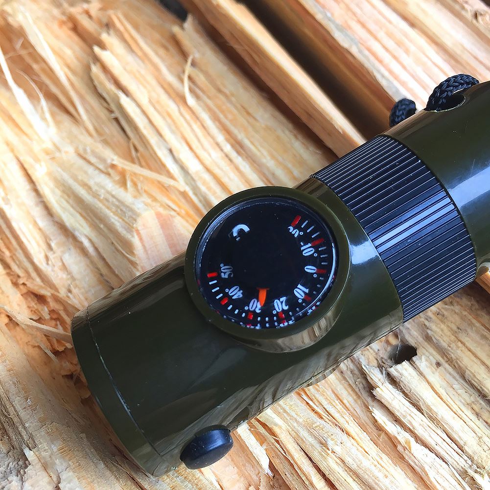 Function Whistle Survival Emergency Green Tool with Thermometer Compass LED Light Magnifier Mirror for Camping Hiking Outdoor