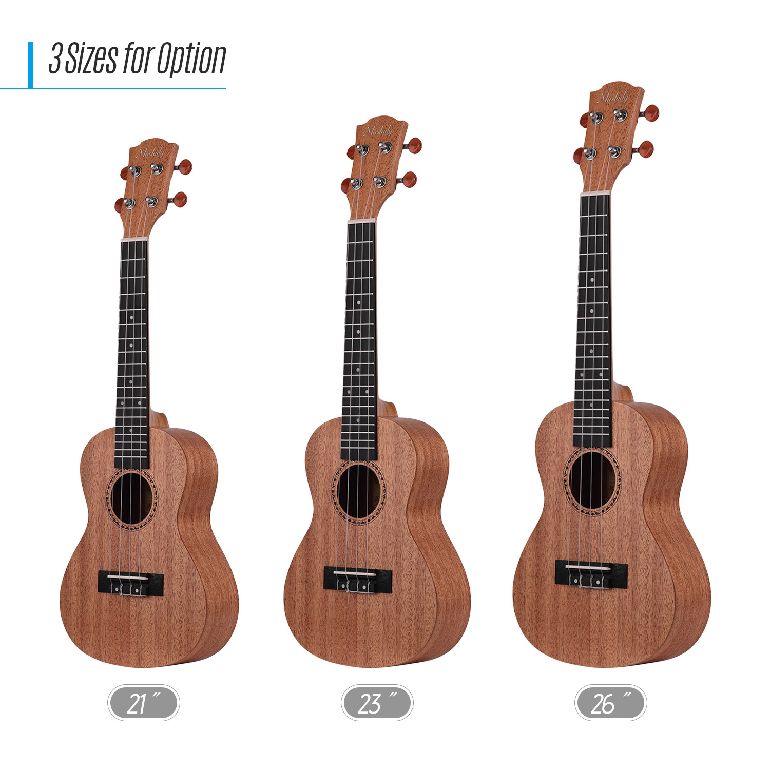Muslady 21 Inch Soprano Ukulele Ukelele Mahogany Plywood Uke Strap Strings Clip-on Tuner Cleaning Cloth Capo 3pcs Picks with Bag