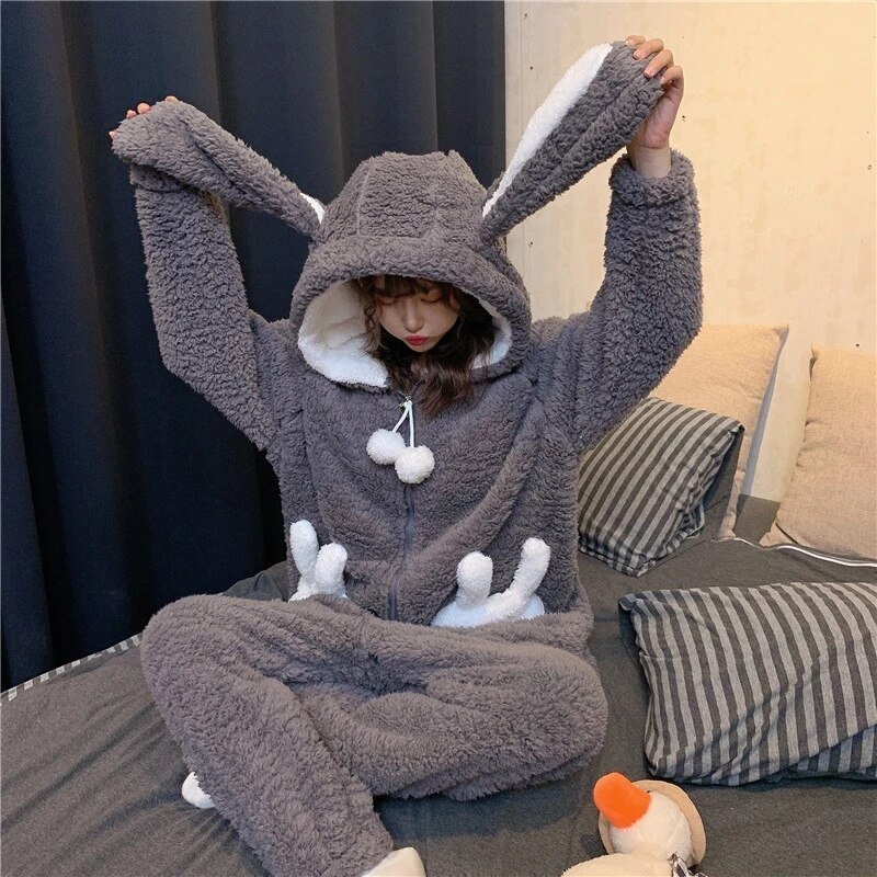 Cute Flannel Stitch Pajamas Winter Plus Velvet Warm Onesie Women&#39;s Sleepwear Unisex Rabbit Loose Thick Plush Hooded Homewear