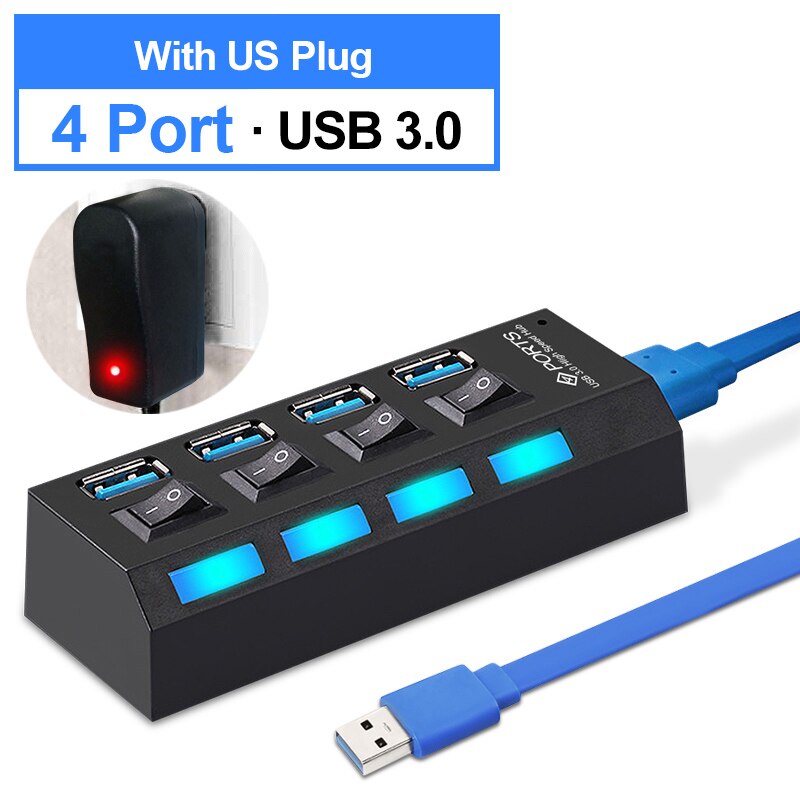 4 portar usb-nav 3.0 äkta usb 3.0- nav höghastighets usb-splitteromvandlare med separat switch usb-adapter 7- portars pc-förlängare: 3.0 4 port med oss