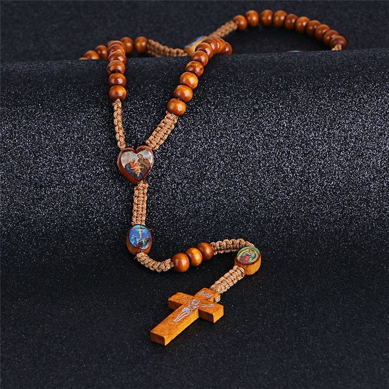 Komi Wooden Beads Cord Rosary Necklace St Benedict Medal Jesus Cross Pendant Necklace Catholic Religious Jewelry R-017