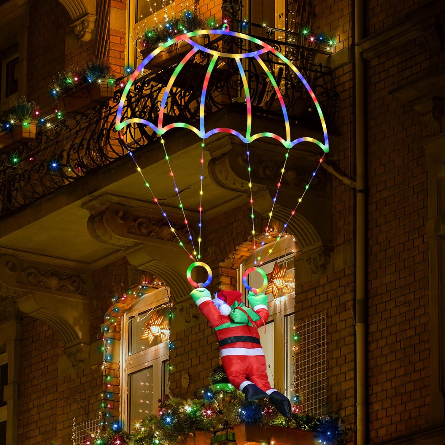 Luces decorativas navideñas para exteriores, luz LED de paracaídas navideña con USB de 2,8 pies y Papá Noel para decoración de jardín, balcón y alero de techo: Default Title