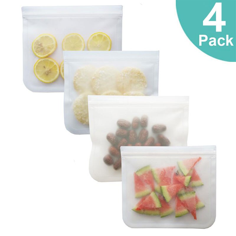 Bolsa reutilizable de silicona para alimentos, paquetes de PEVA para mantener la comida fresca, frutas, a prueba de fugas, con cierre, esmerilada, 12 unidades/juego: 4Pcs