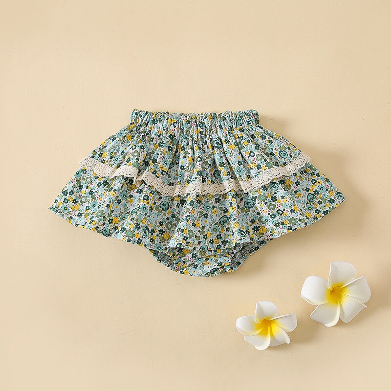 2227a Koreaanse Meisje Rok 2022 Zomer Baby Bloemen Rok Lotusblad Kant Brood Broek Bloemen Taart Rok Leuke Lantaarn shorts: Green / 100 for 3y